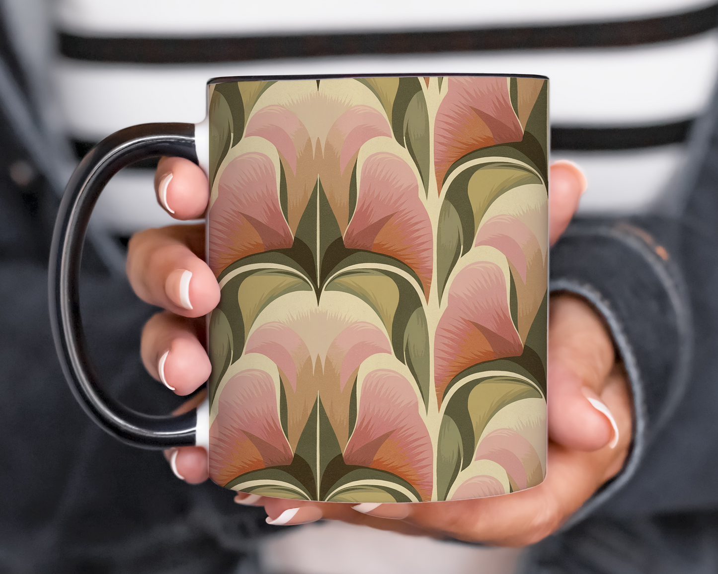 Dusty Rose - 11oz Retro Accent Mug - Unique Ceramic Coffee Cup with Vintage Pattern