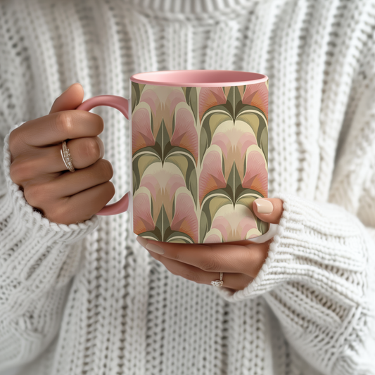 Dusty Rose - 11oz Retro Accent Mug - Unique Ceramic Coffee Cup with Vintage Pattern