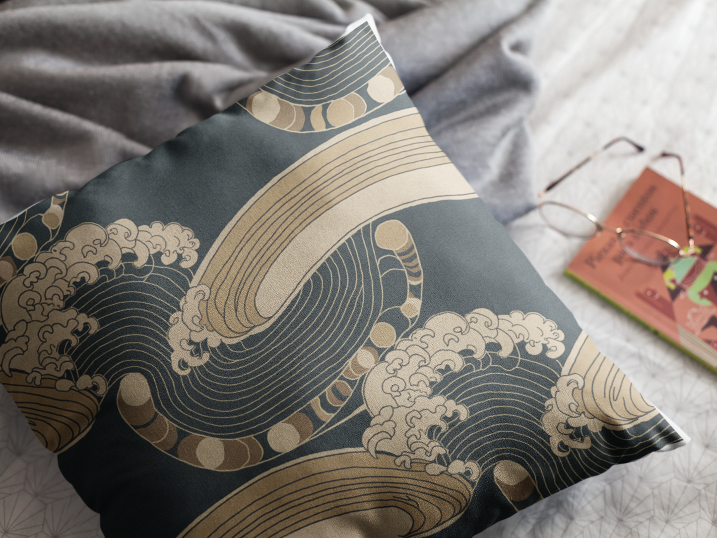 "Storm at Sea" - Gold.  Luxurious 20x20 Faux Suede, Printed Throw Pillow – Home Décor for your Living Room, Bedroom or Office.